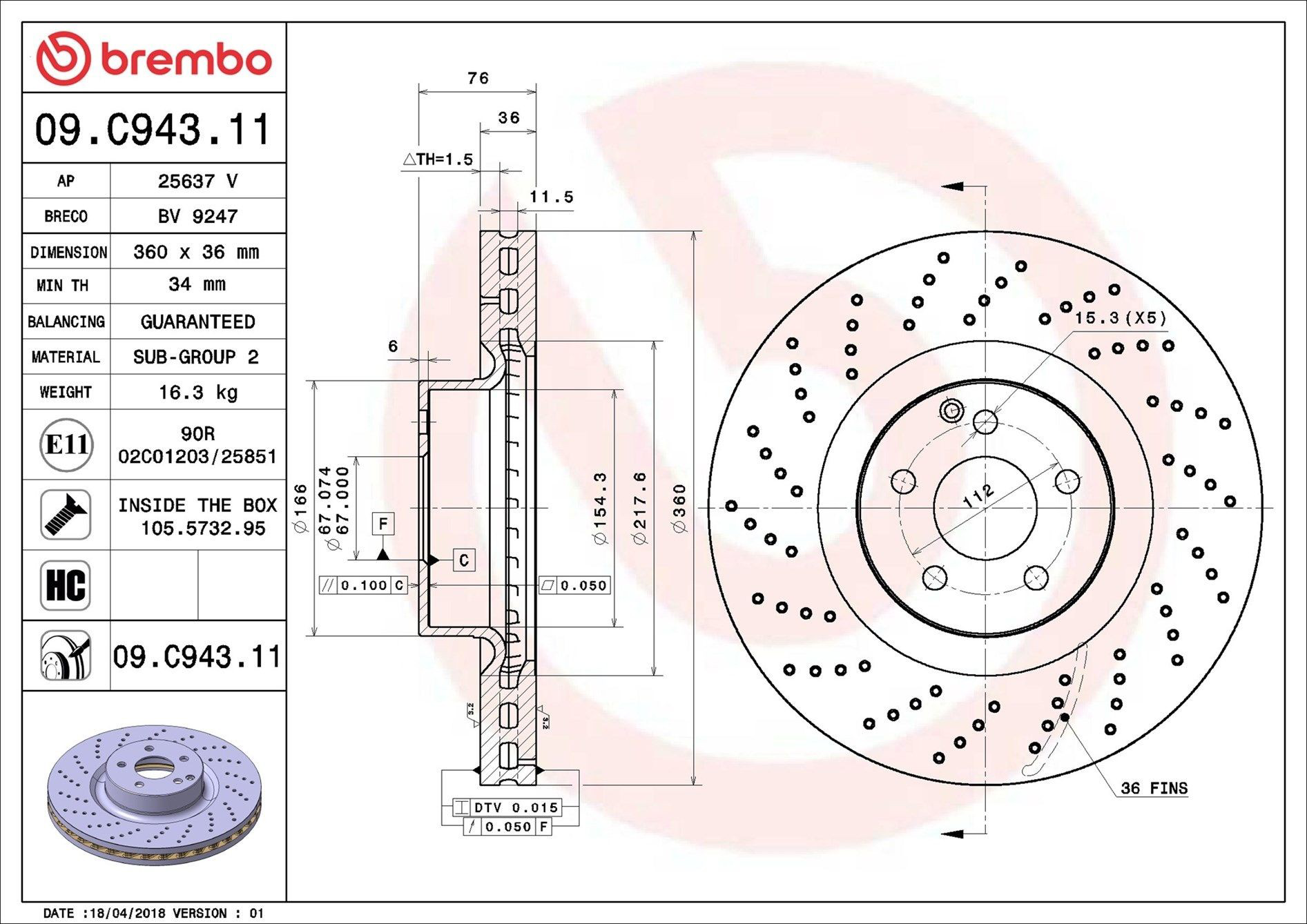 Купить 09C94311 Brembo Ротор тормозной