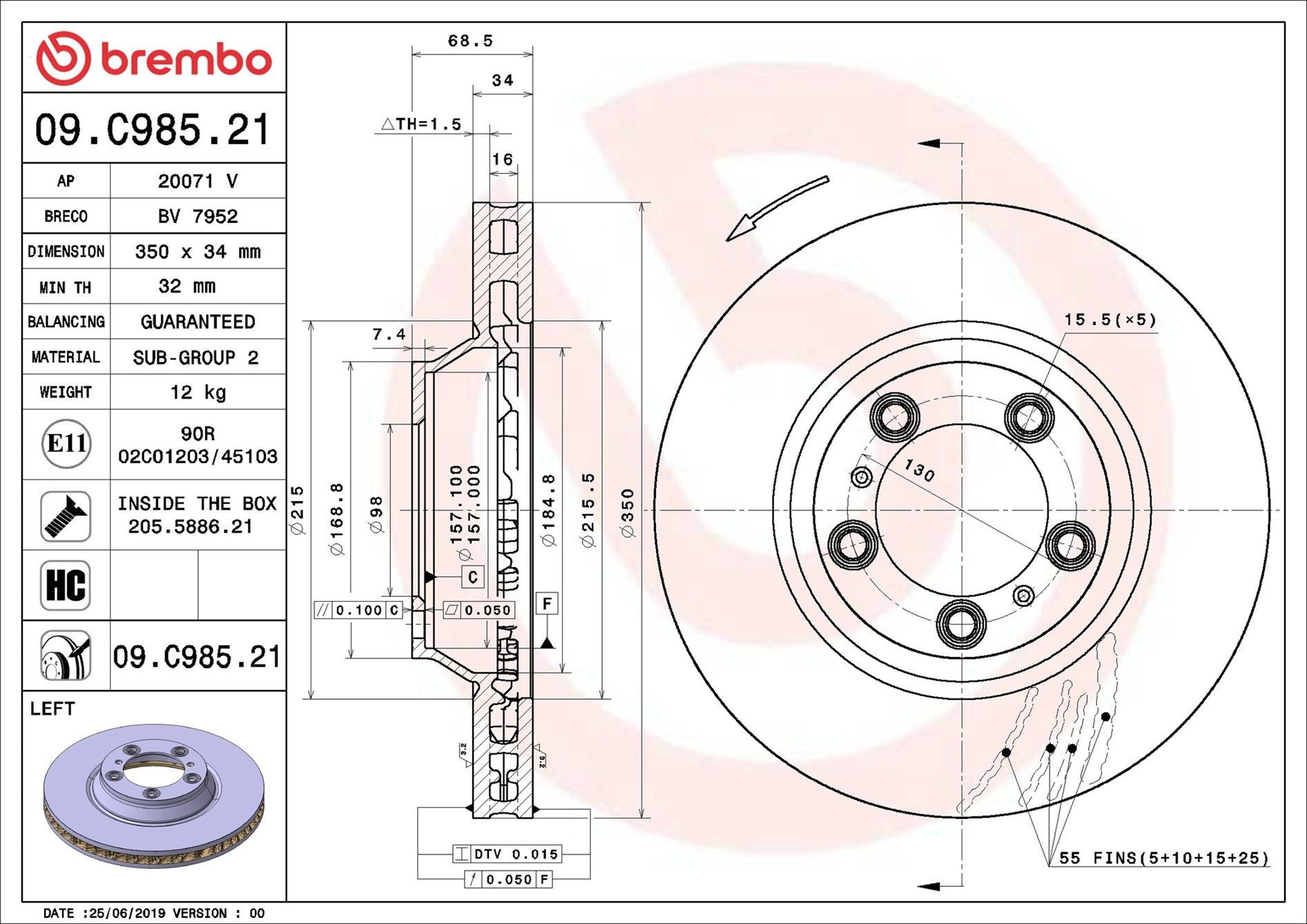 Тормоз дисковый передний Brembo 09C98521 цена, от 129.61 USD
