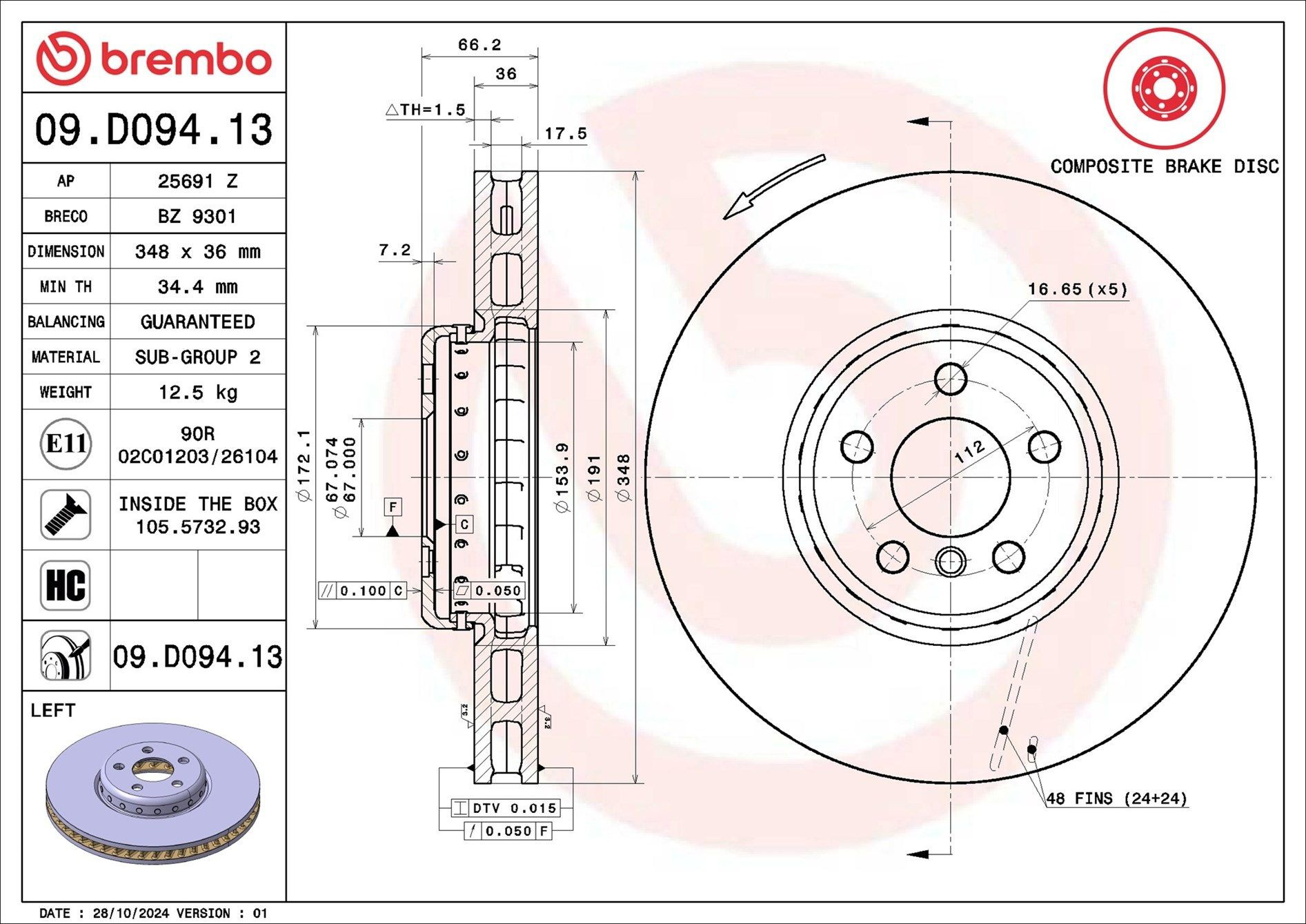 Тормоз дисковый передний Brembo 09D09413 цена, от 213.24 USD