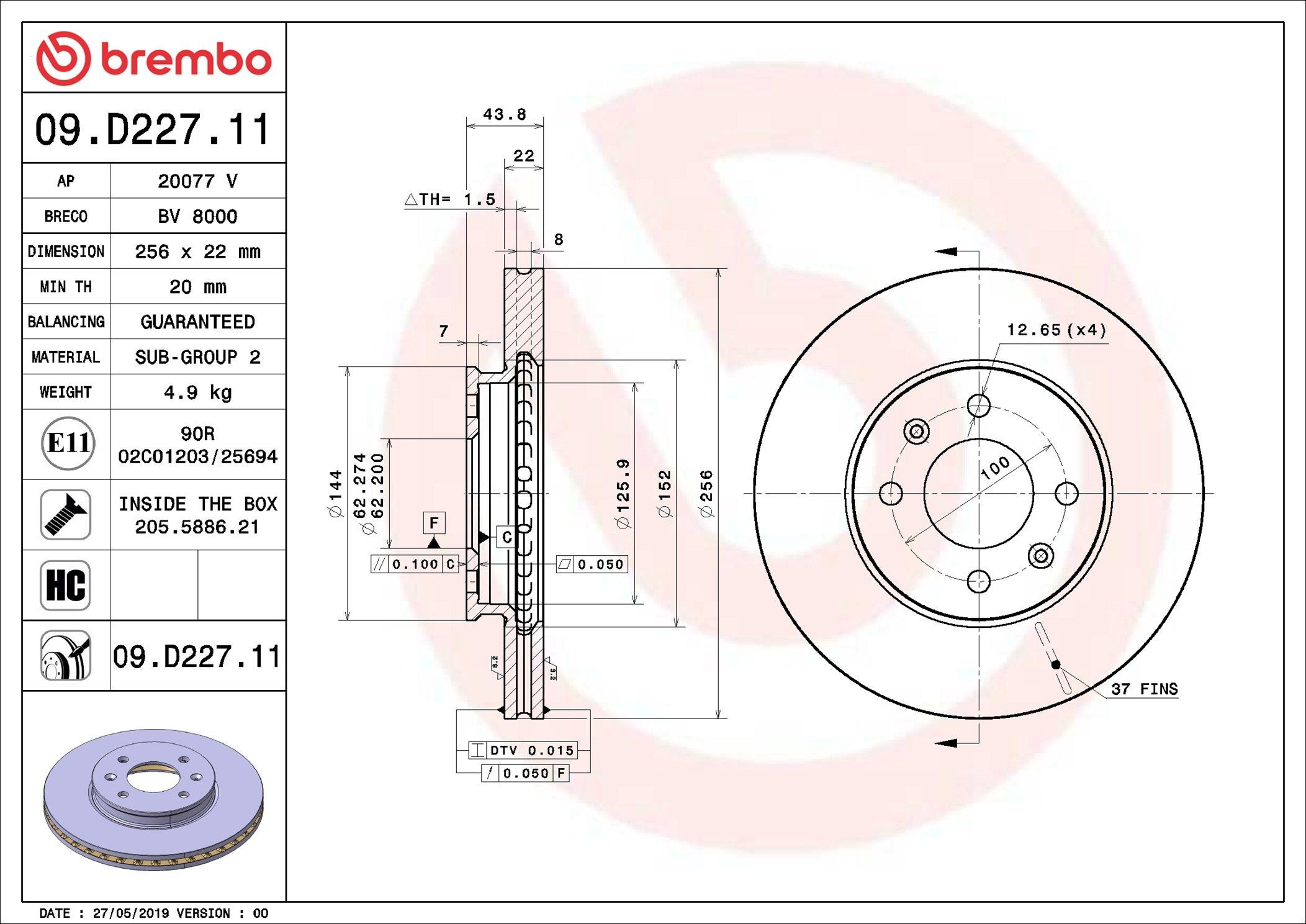 Купить 09D22711 Brembo Ротор тормозной