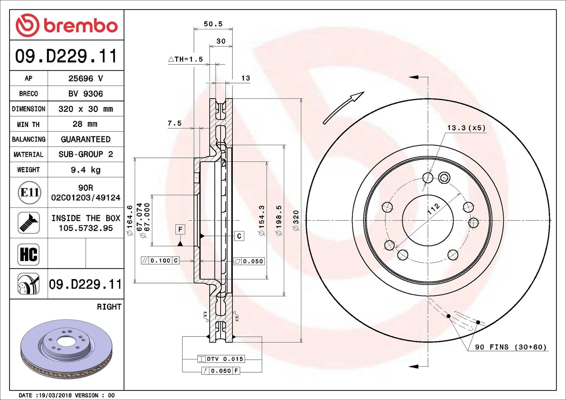 Тормоз дисковый передний Brembo 09D22911 цена, от 81.47 USD