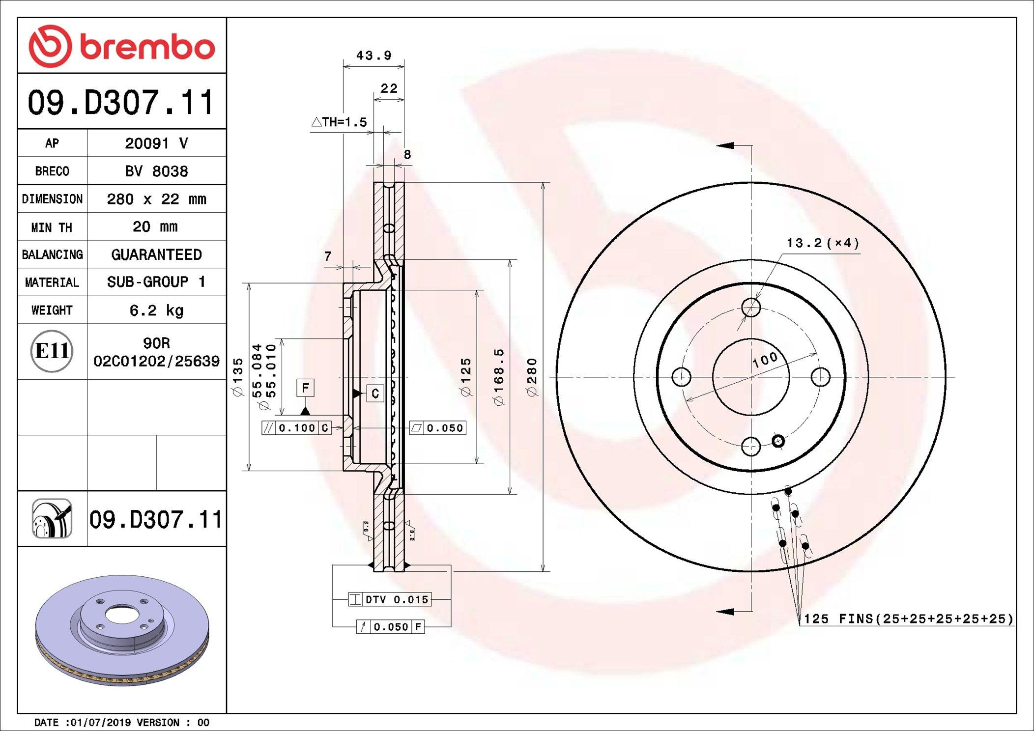 Тормоз дисковый передний Brembo 09D30711 цена, от 44.00 USD