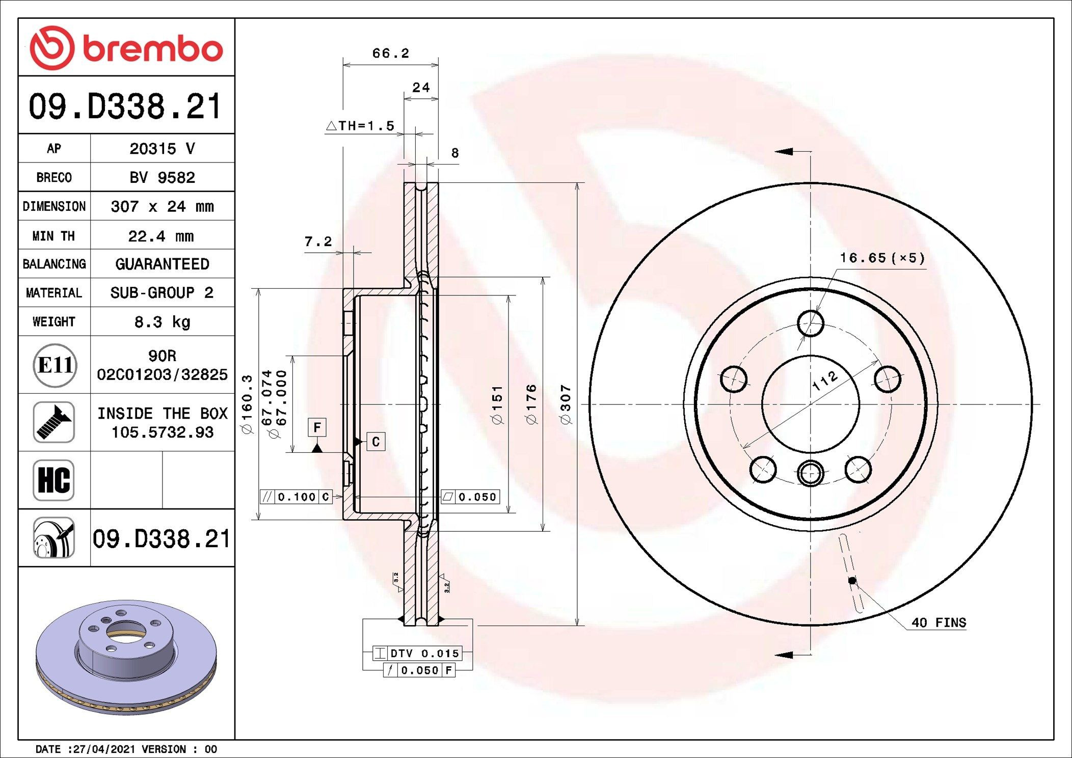 Тормоз дисковый передний Brembo 09D33821 цена, от 96.54 USD