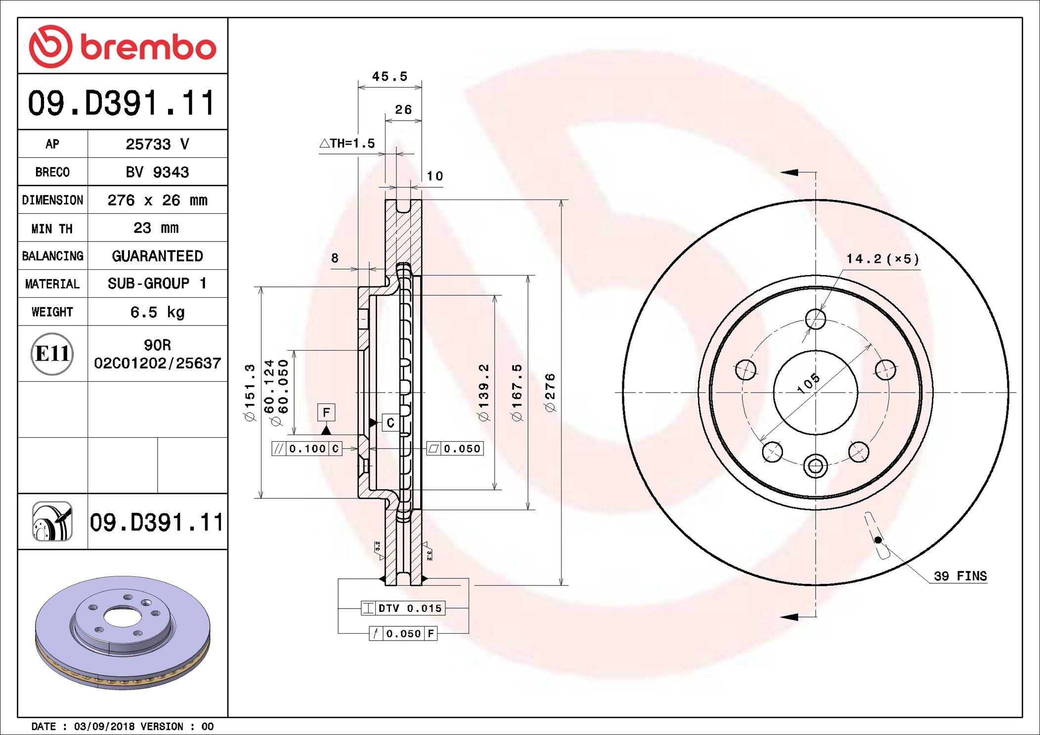 Тормоз дисковый передний Brembo 09D39111 цена, от 63.89 USD