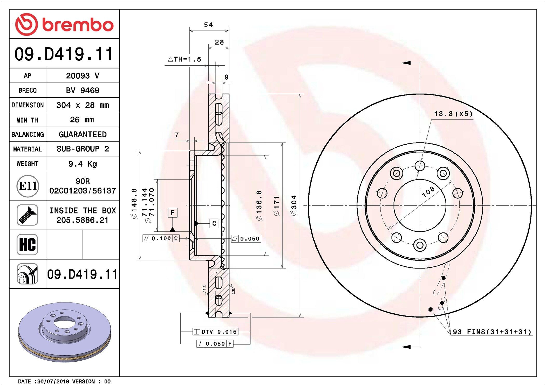 Тормоз дисковый передний Brembo 09D41911 цена, от 77.67 USD