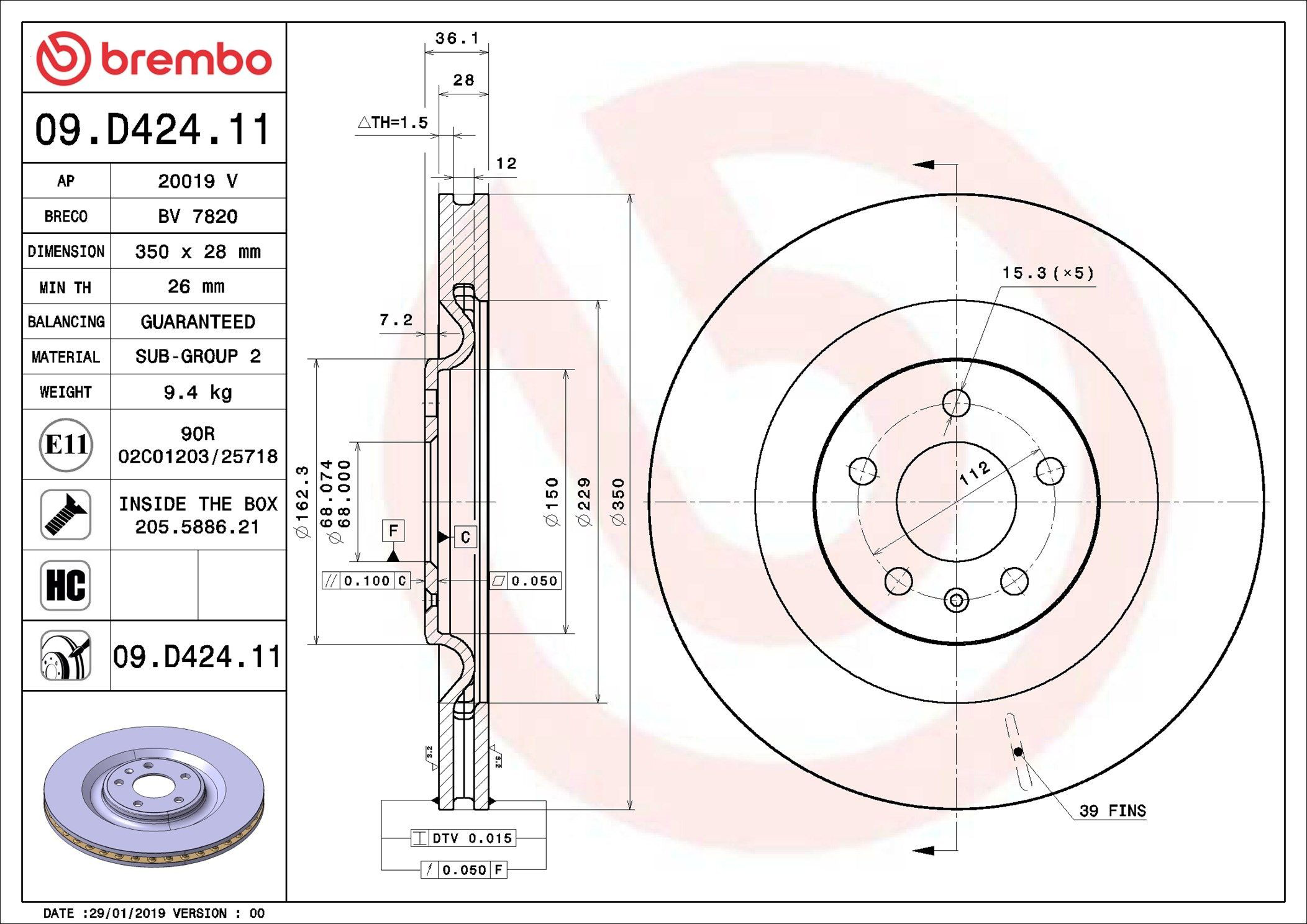 Задний тормозной диск Brembo 09D42411 цена, от 129.30 USD