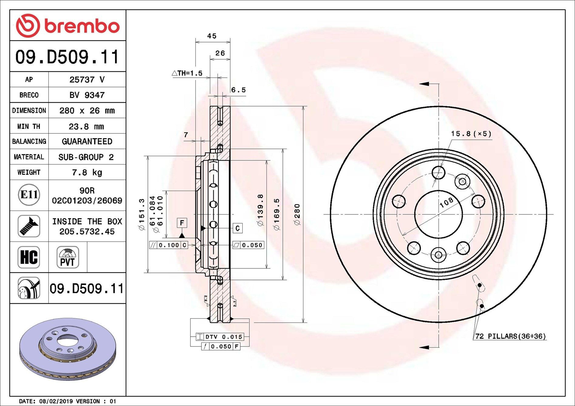 Тормоз дисковый передний Brembo 09D50911 цена, от 62.92 USD