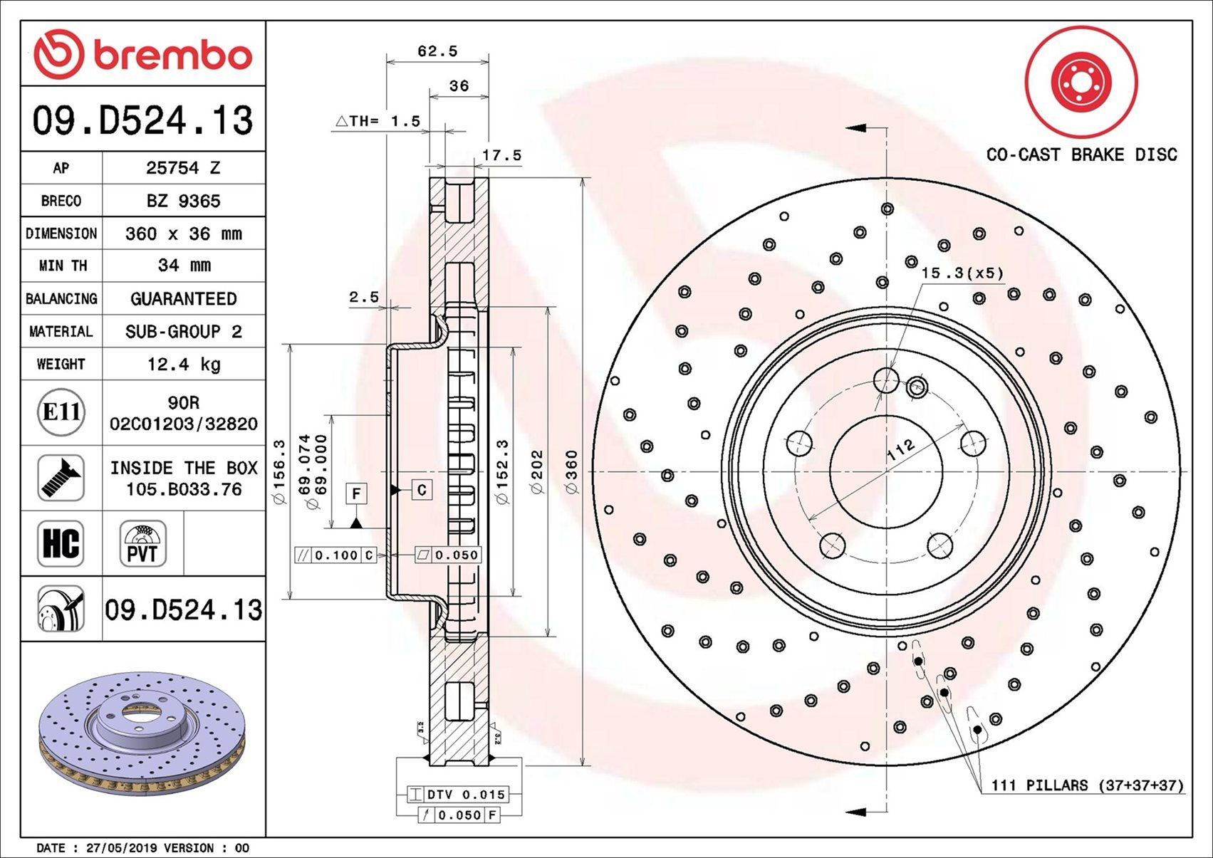 Тормоз дисковый передний Brembo 09D52413 цена, от 196.92 USD
