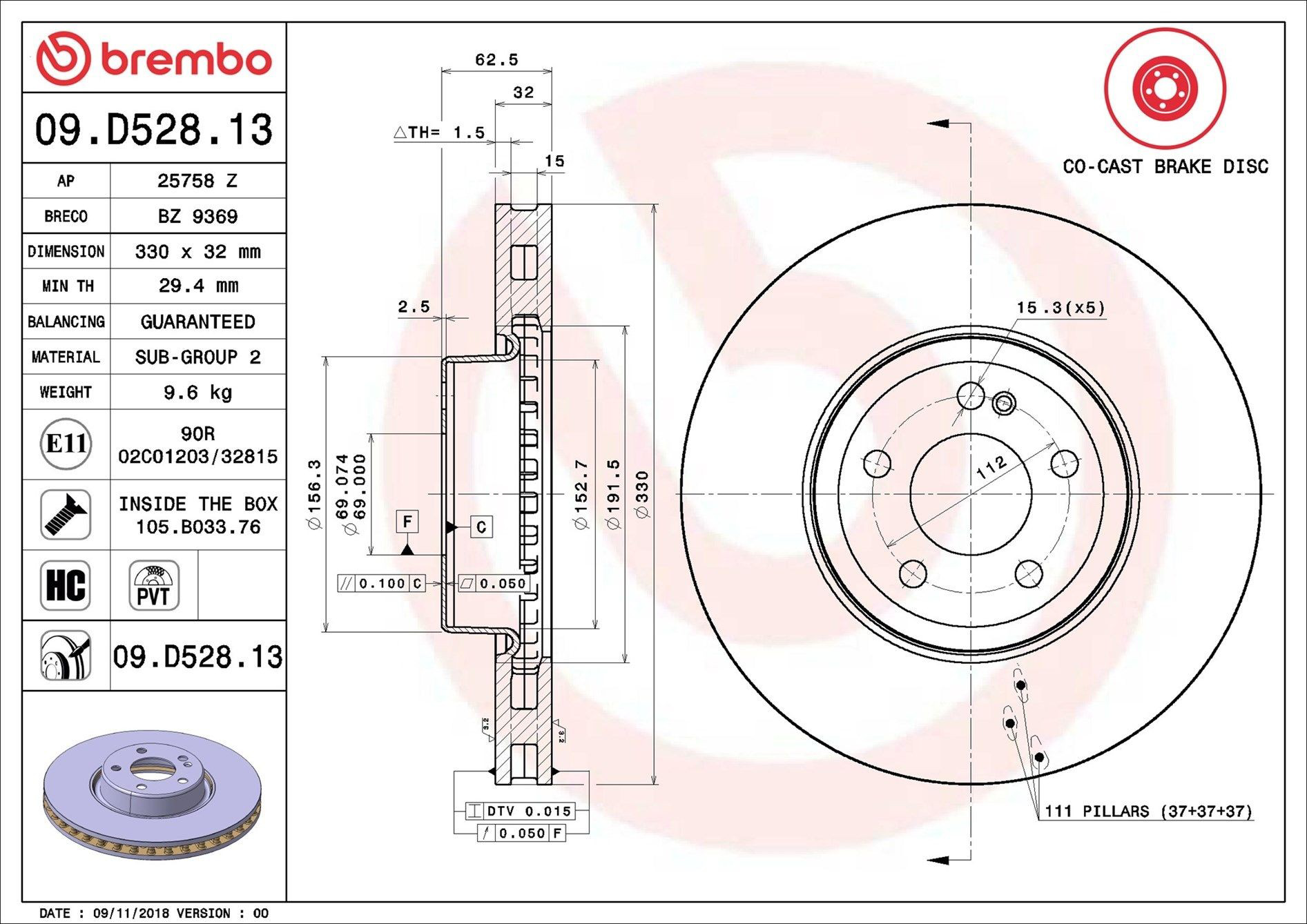 Передний тормозной диск Brembo 09D52813