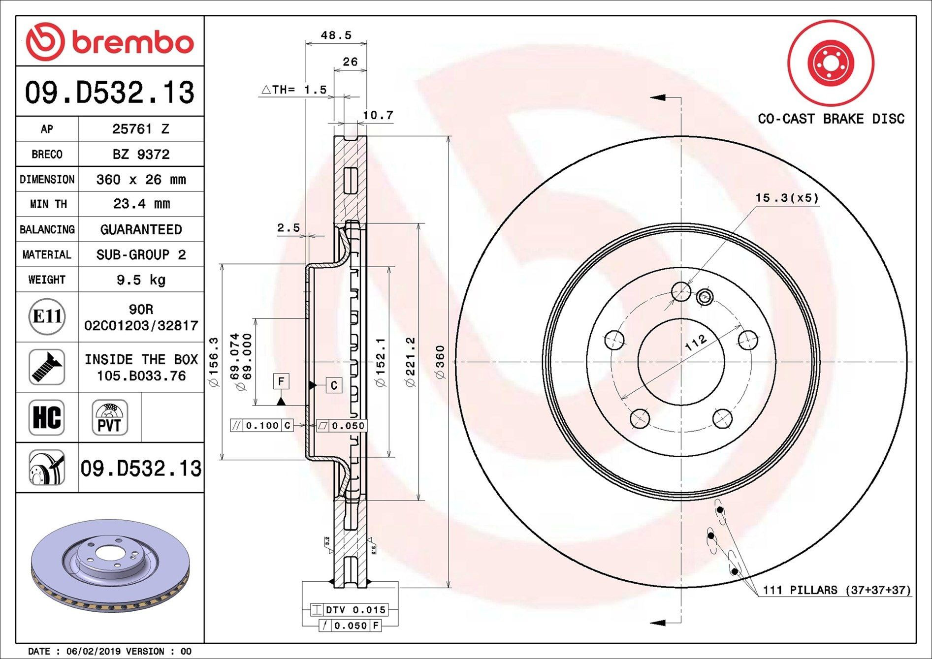 Задний тормозной диск Brembo 09D53213 цена, от 164.51 USD