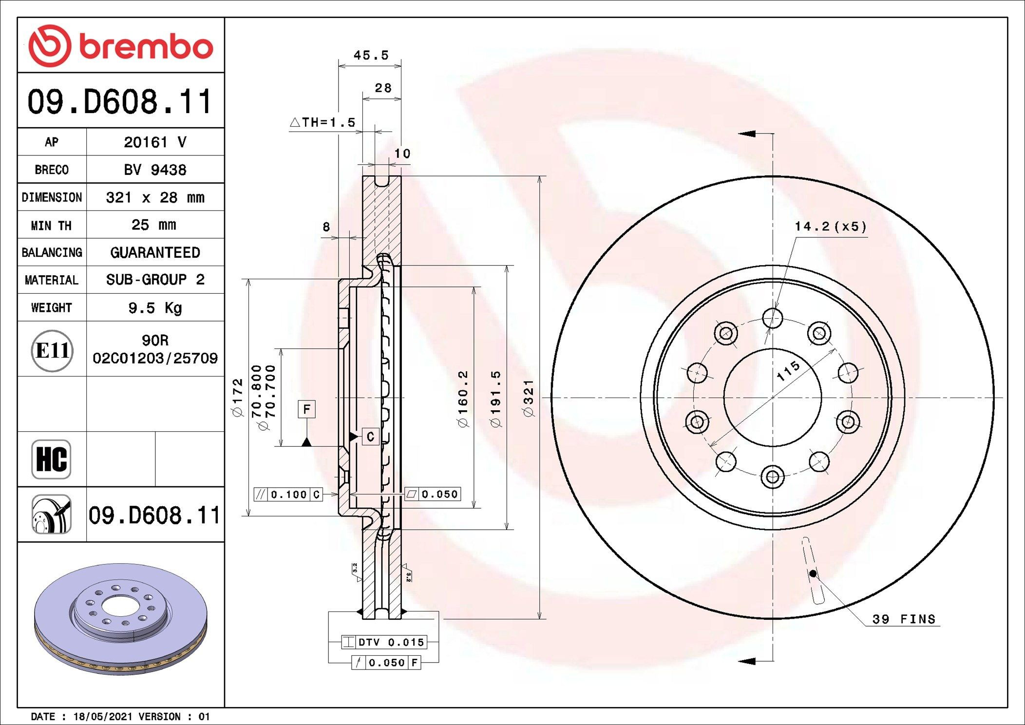 Передний тормозной диск Brembo 09D60811