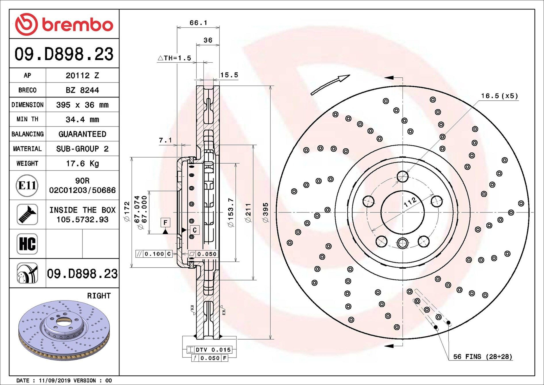 Тормоз дисковый передний Brembo 09D89823 цена, от 370.76 USD