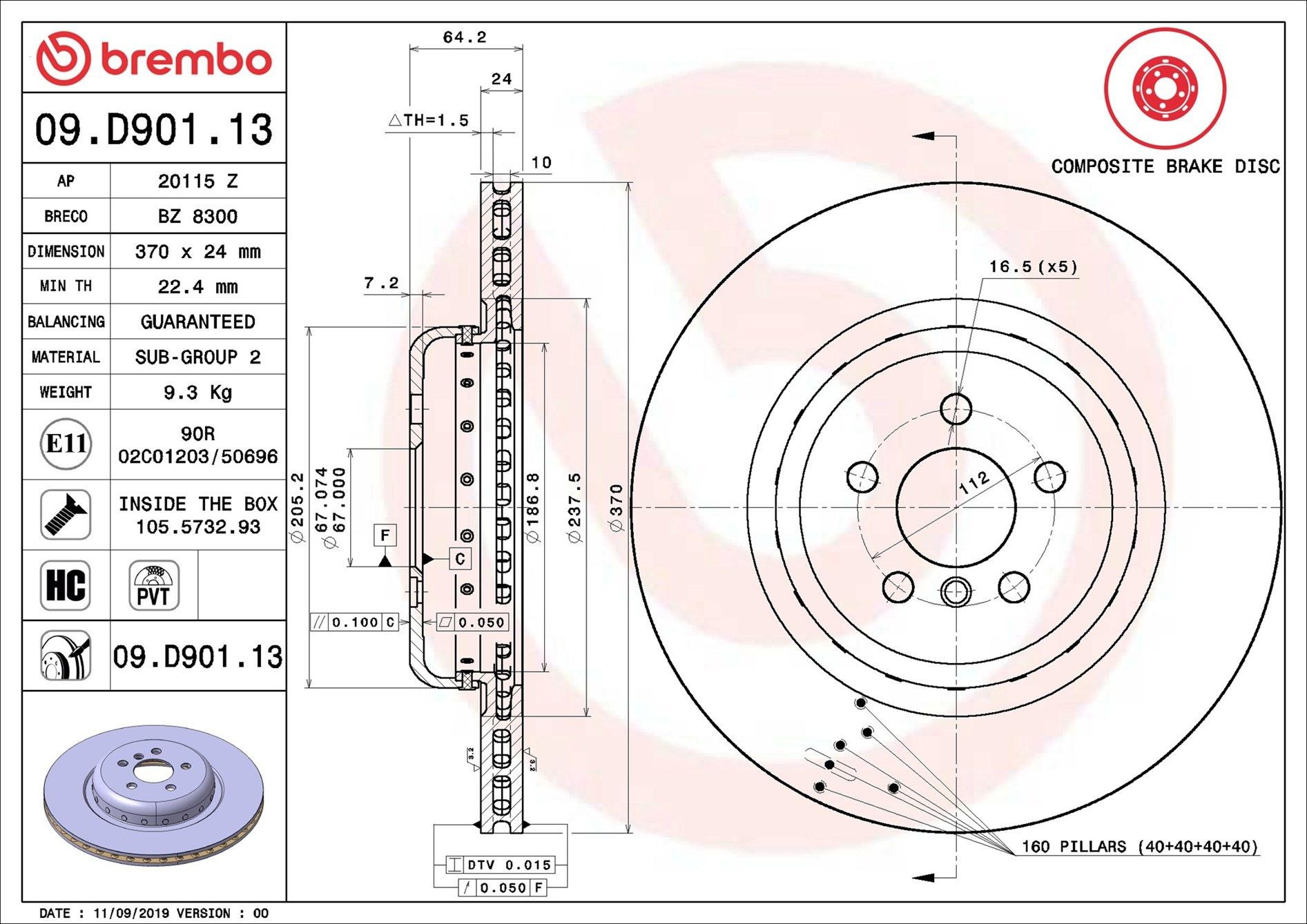 Задний тормозной диск Brembo 09D90113 цена, от 241.43 USD