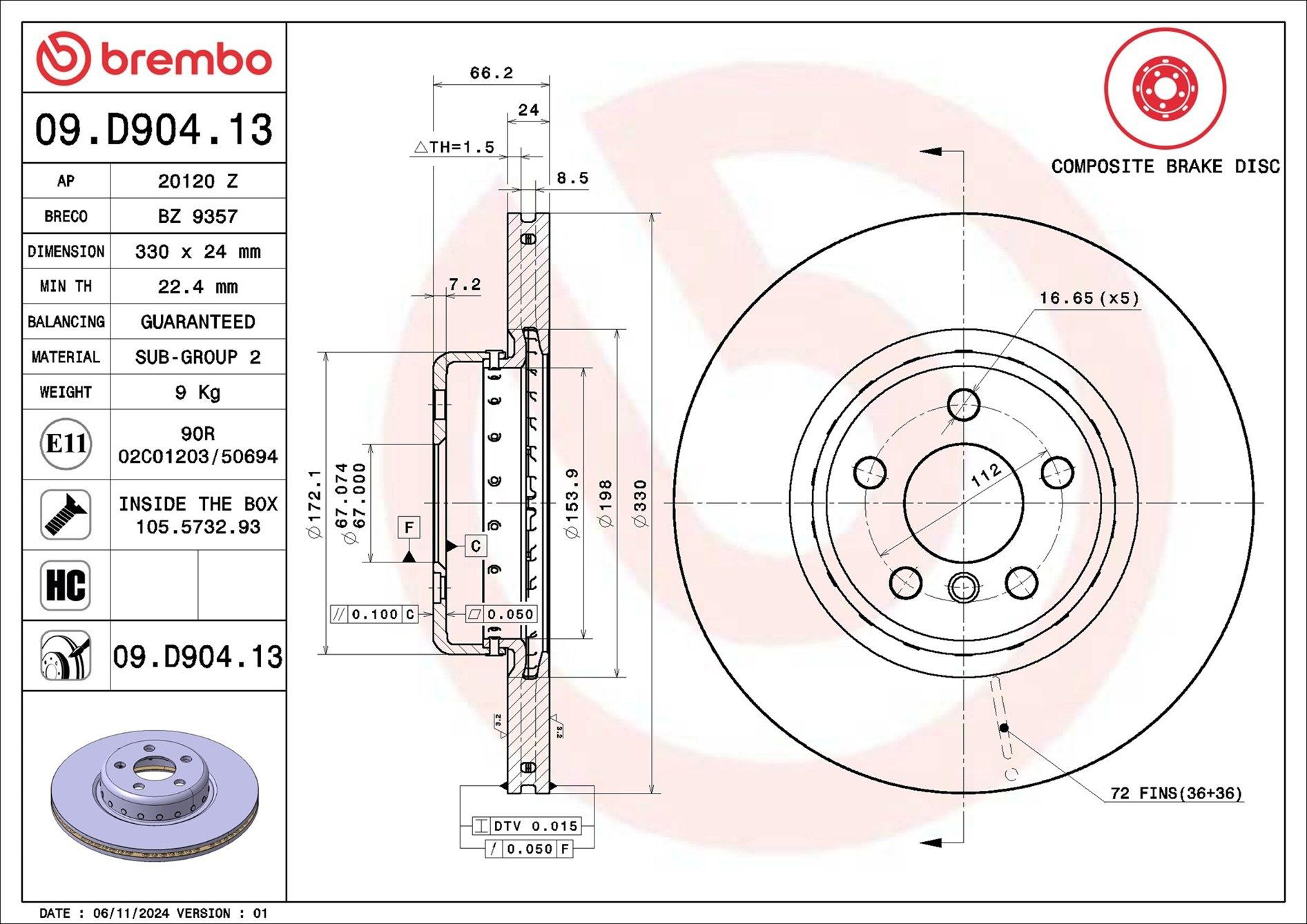Тормоз дисковый передний Brembo 09D90413 цена, от 178.55 USD
