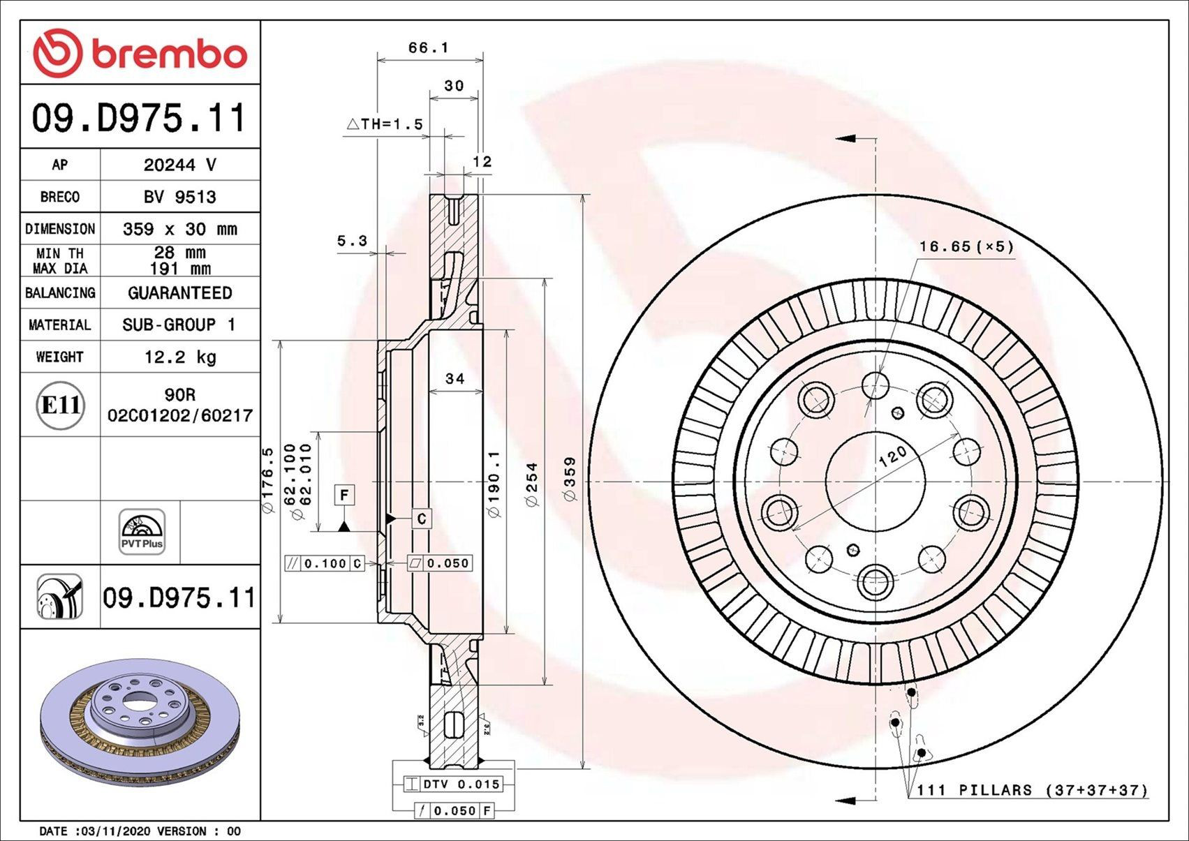 Задний тормозной диск Brembo 09D97511 цена, от 128.35 USD
