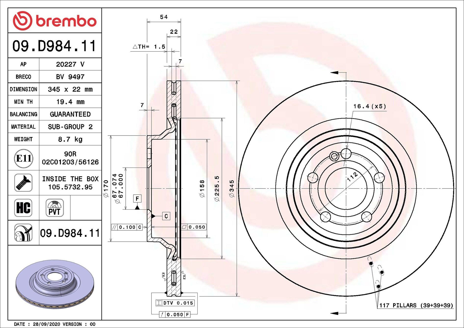 09D98411 Brembo Дисковый тормоз
