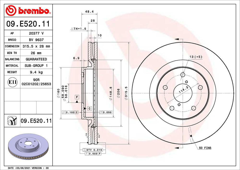 Купить 09E52011 Brembo Ротор тормозной
