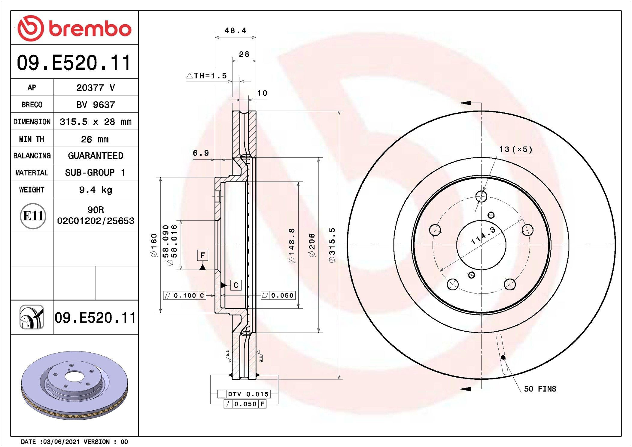 Тормоз дисковый передний Brembo 09E52011 цена, от 107.77 USD