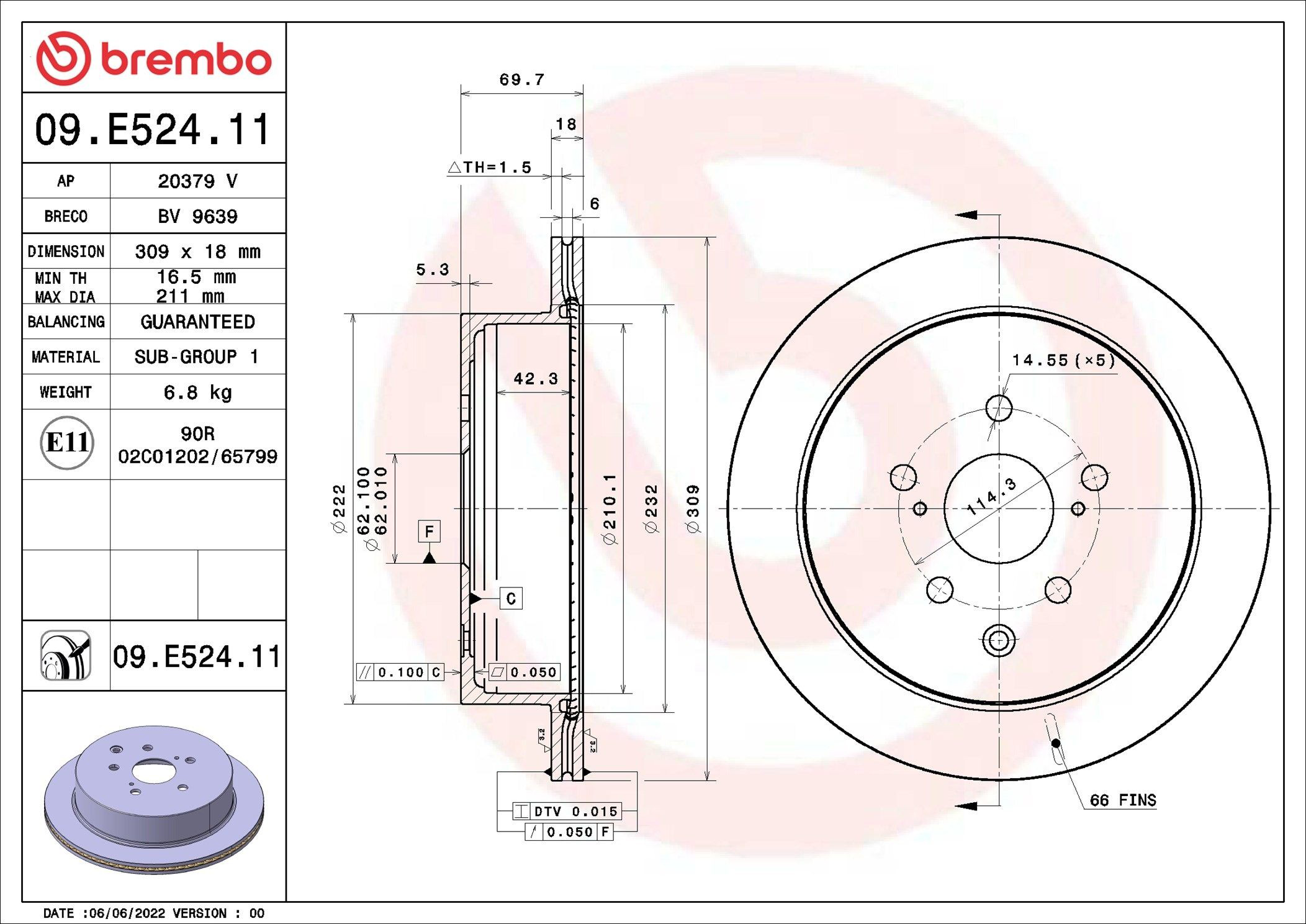 09E52411 Brembo Дисковый тормоз