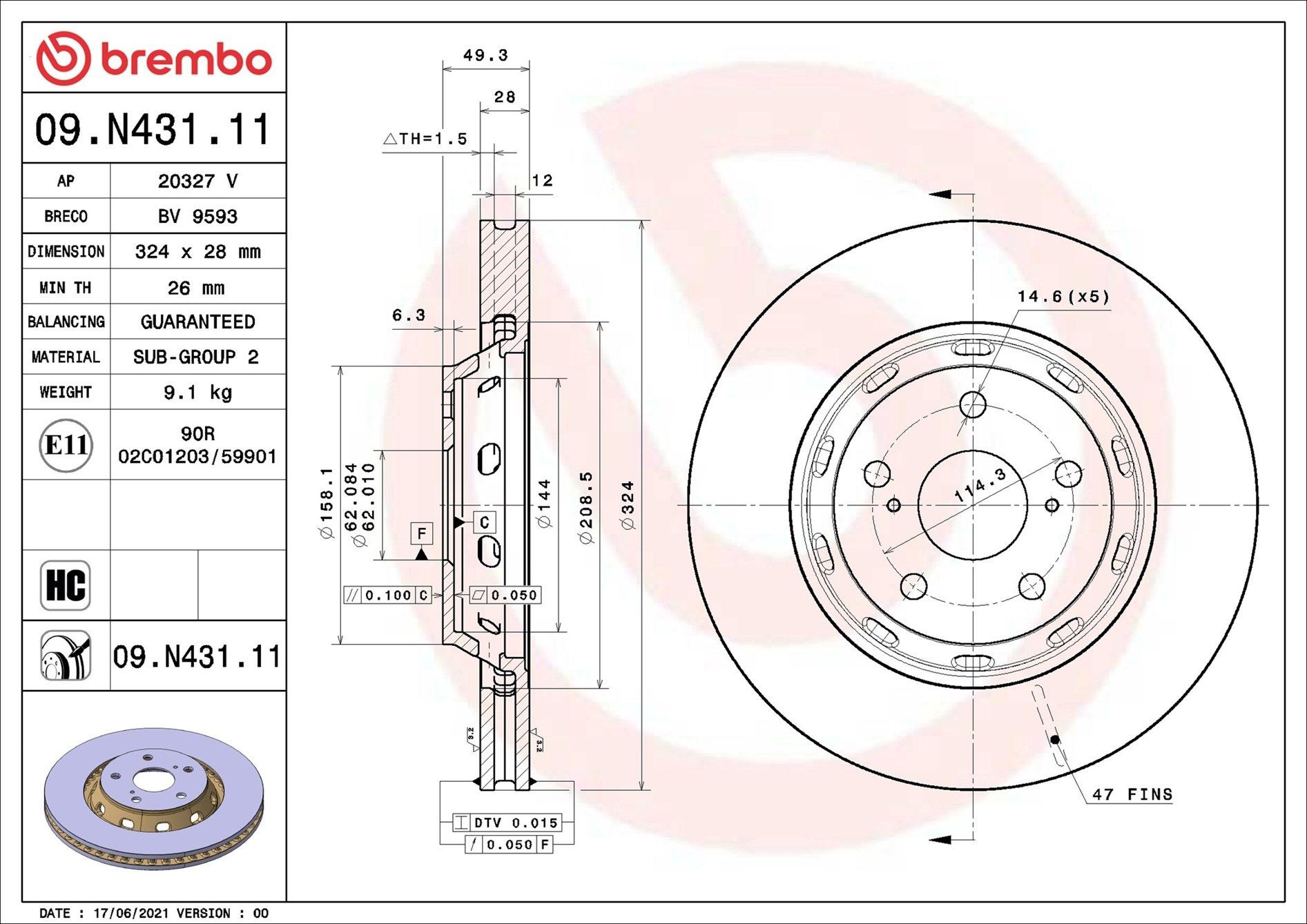 Тормоз дисковый передний Brembo 09N43111 цена, от 107.45 USD