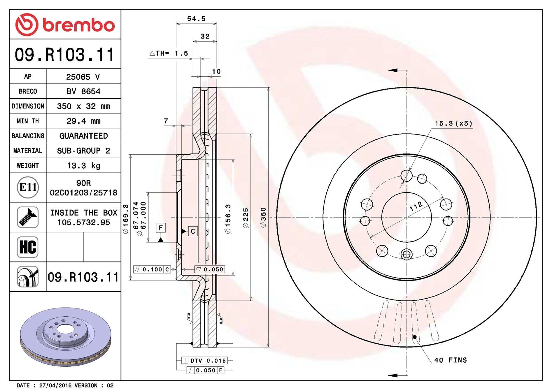 Передний тормозной диск Brembo 09R10311