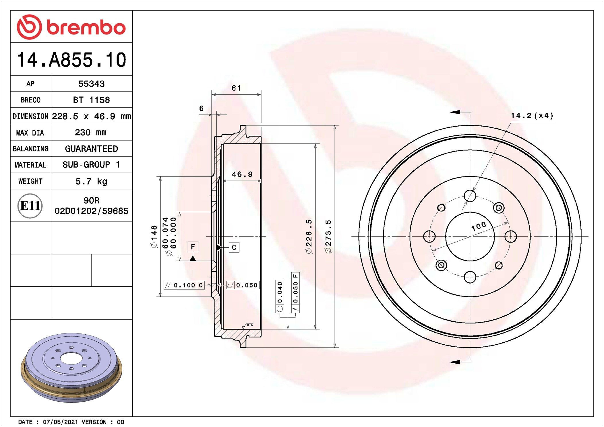Тормозной барабан 14A85510 Brembo