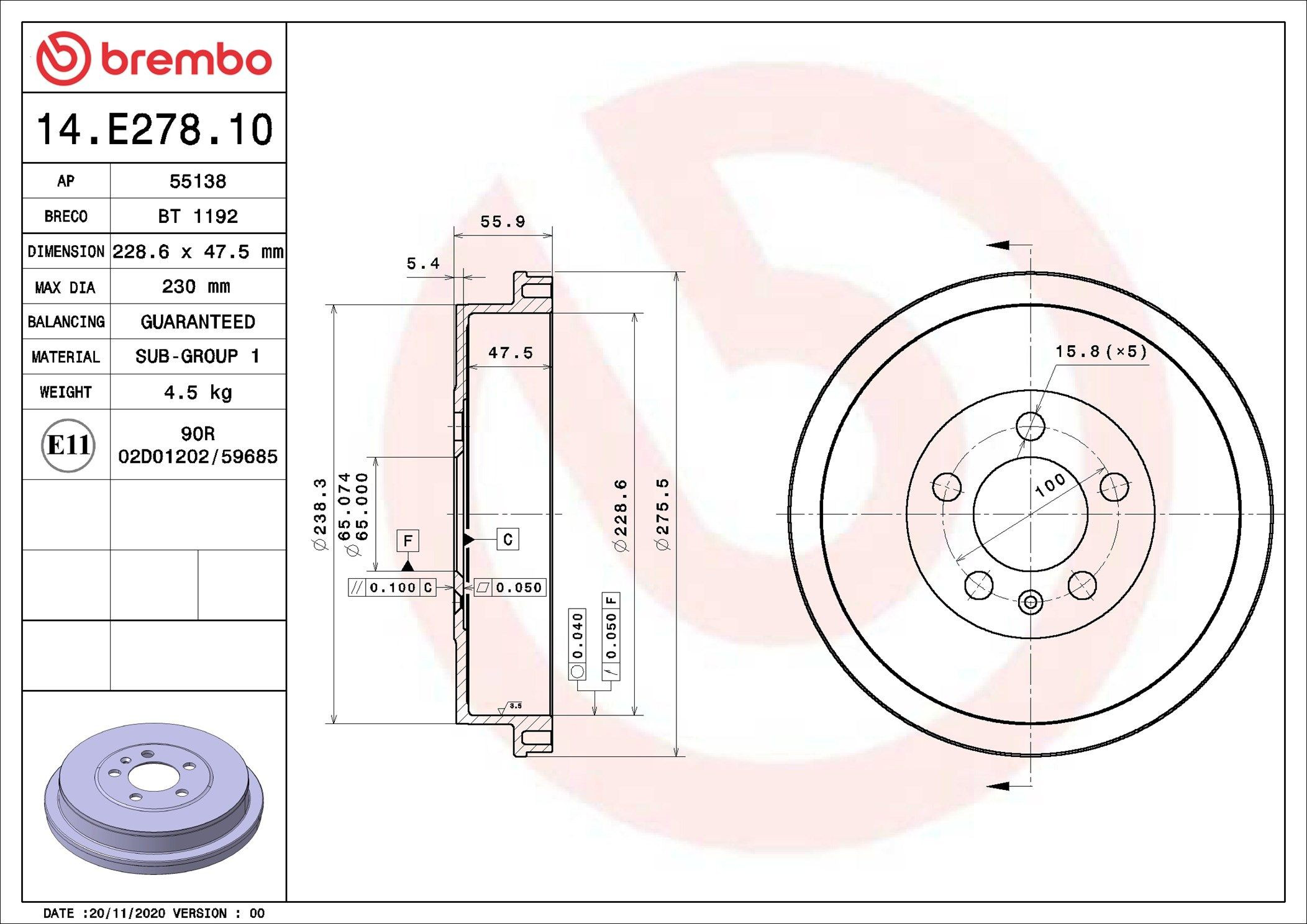 14E27810 Brembo Тормозной барабан