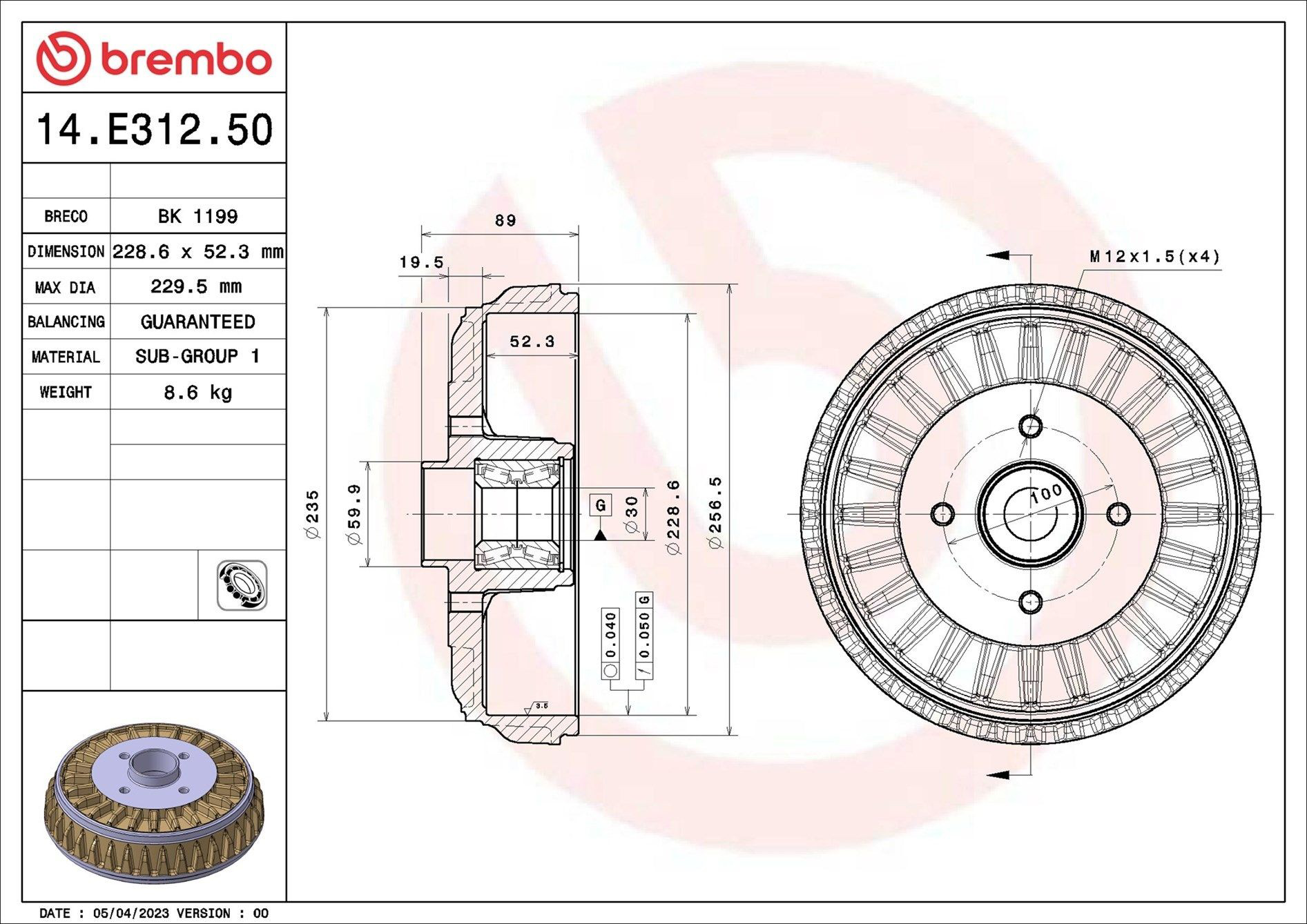 Купить 14E31250 Brembo Тормозной барабан