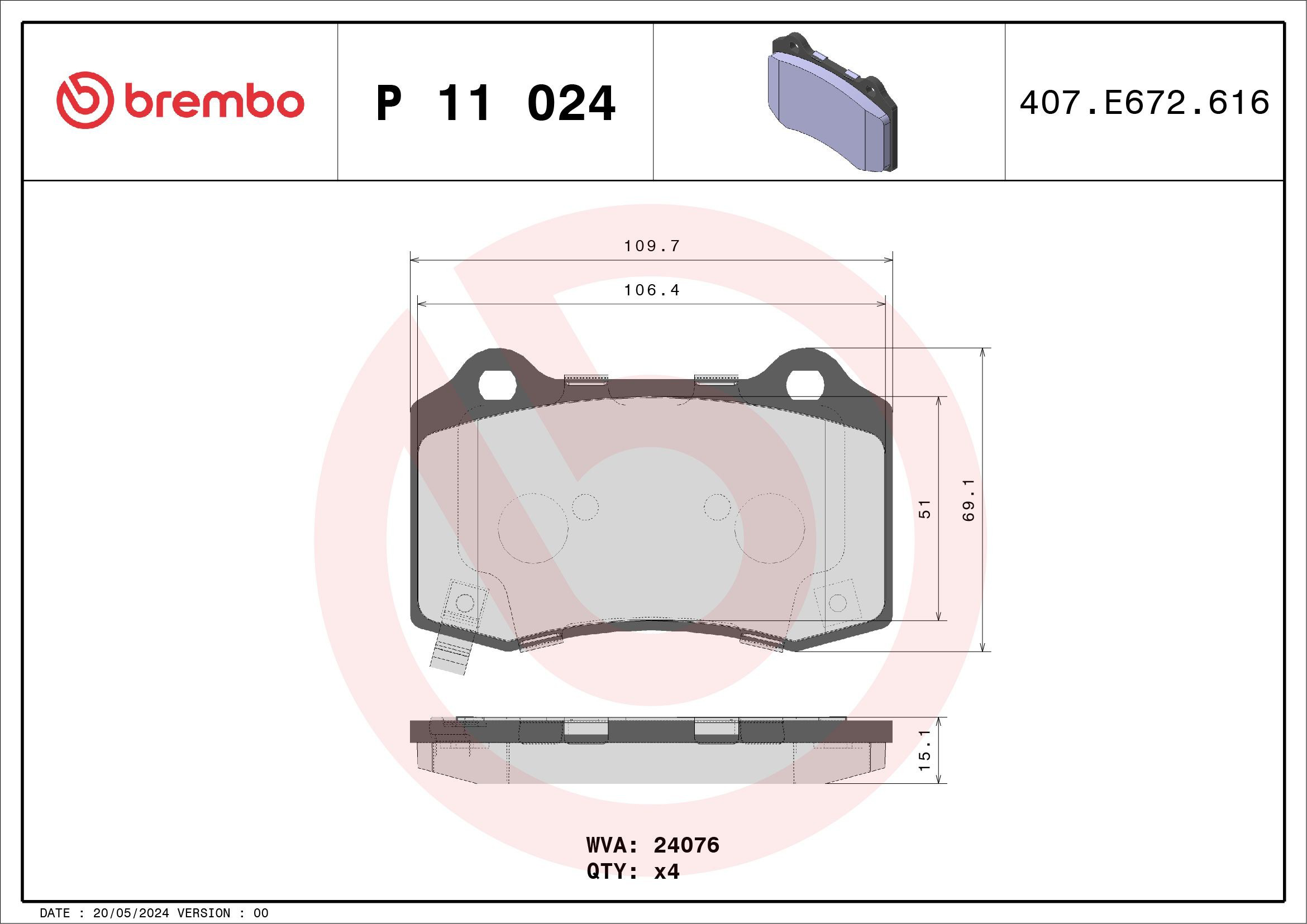 P11024 Brembo Колодки тормозные дисковые комплект