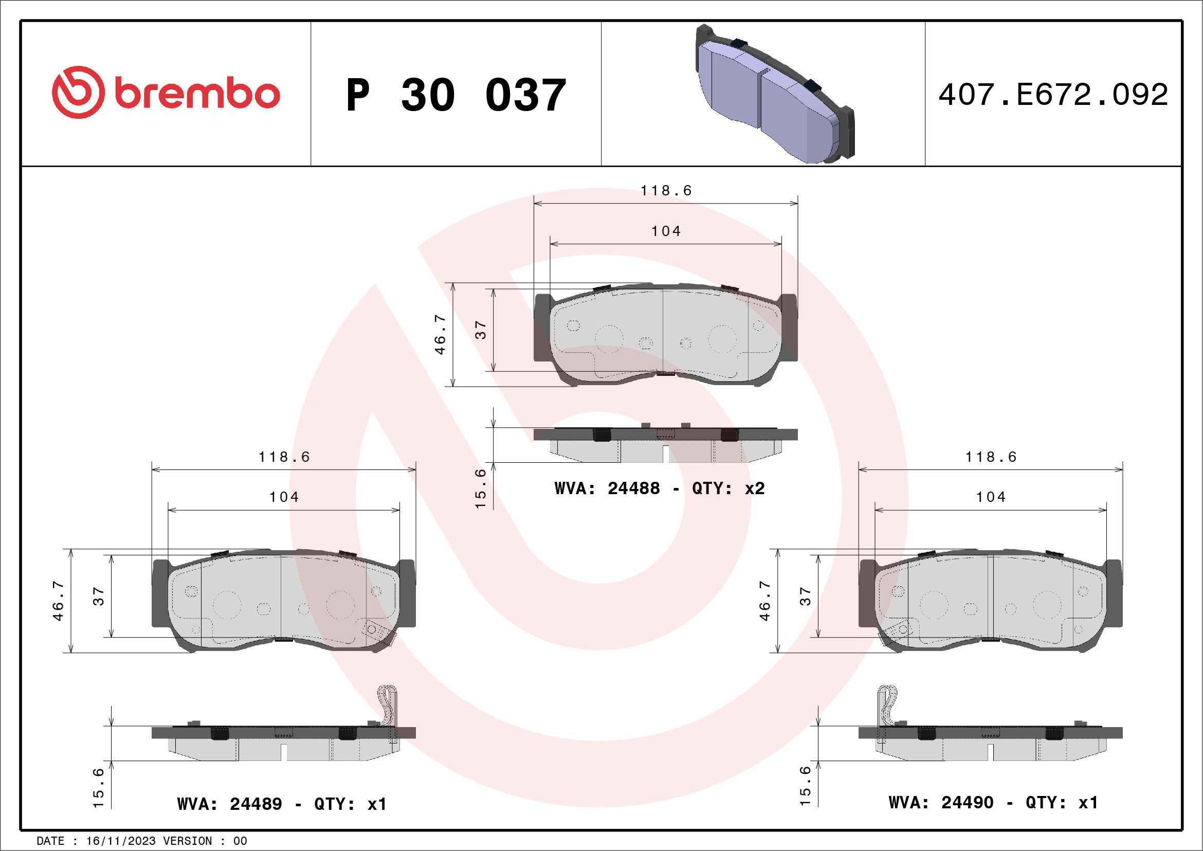 Колодки дисковые  Brembo P30037 цена, от 15.20 USD