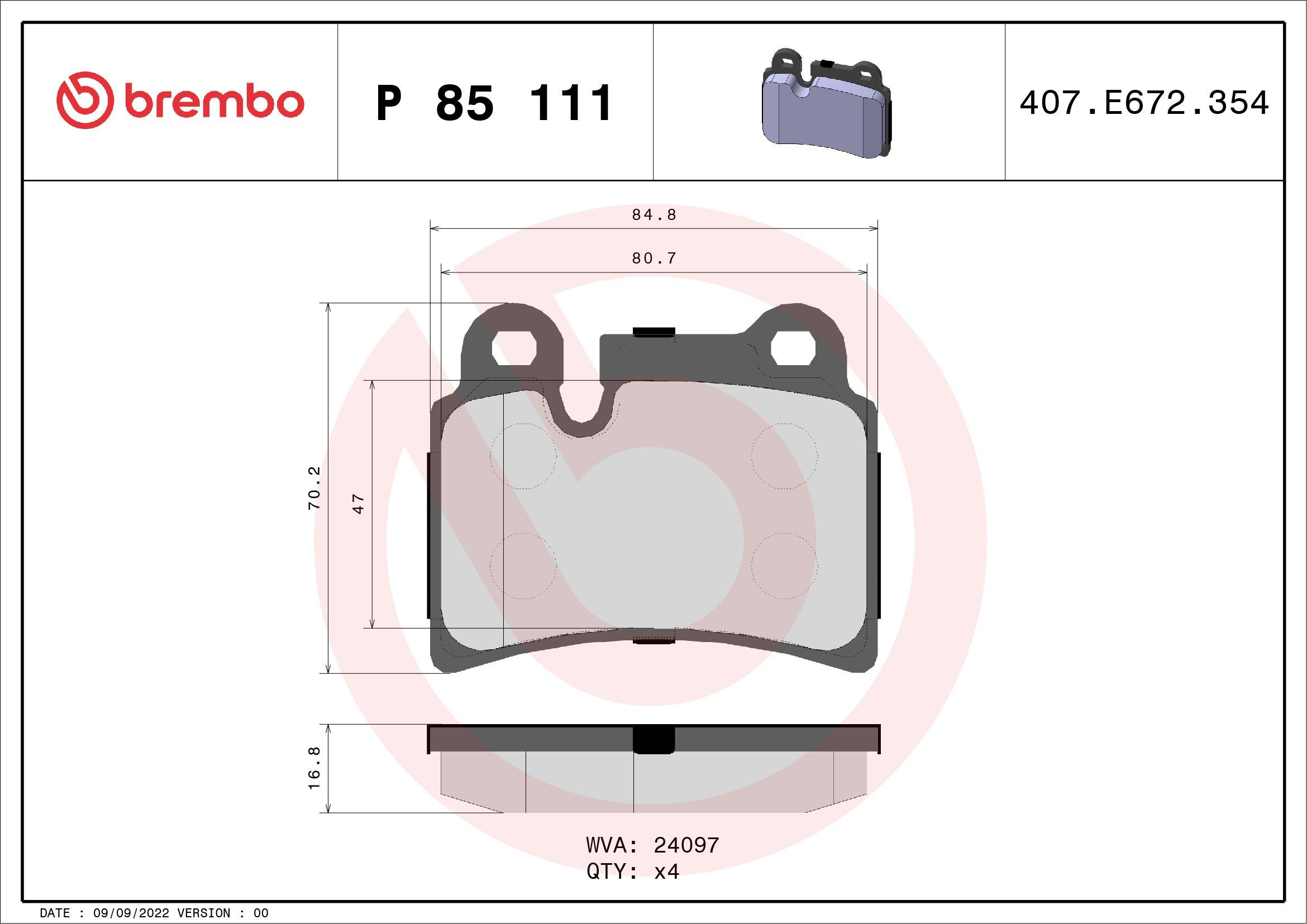 Колодки дисковые  Brembo P85111 цена, от 42.12 USD