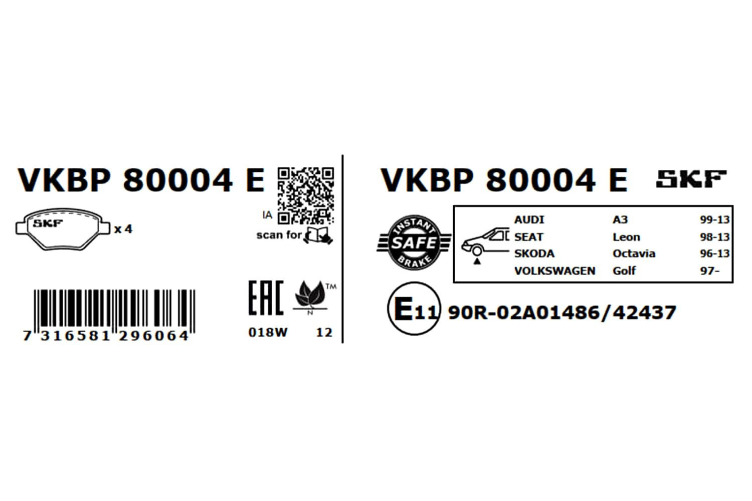 VKBP80004E SKF Колодки передние
