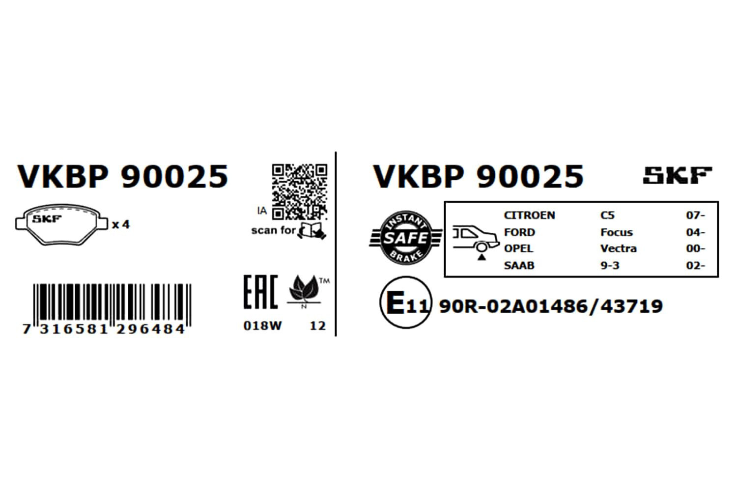 Купить VKBP90025 SKF Колодки тормозные задние, дисковые