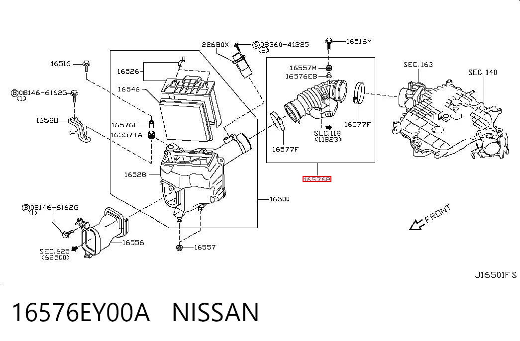 16576EY00A Nissan/Infiniti Патрубок воздушный, выход воздушного фильтра