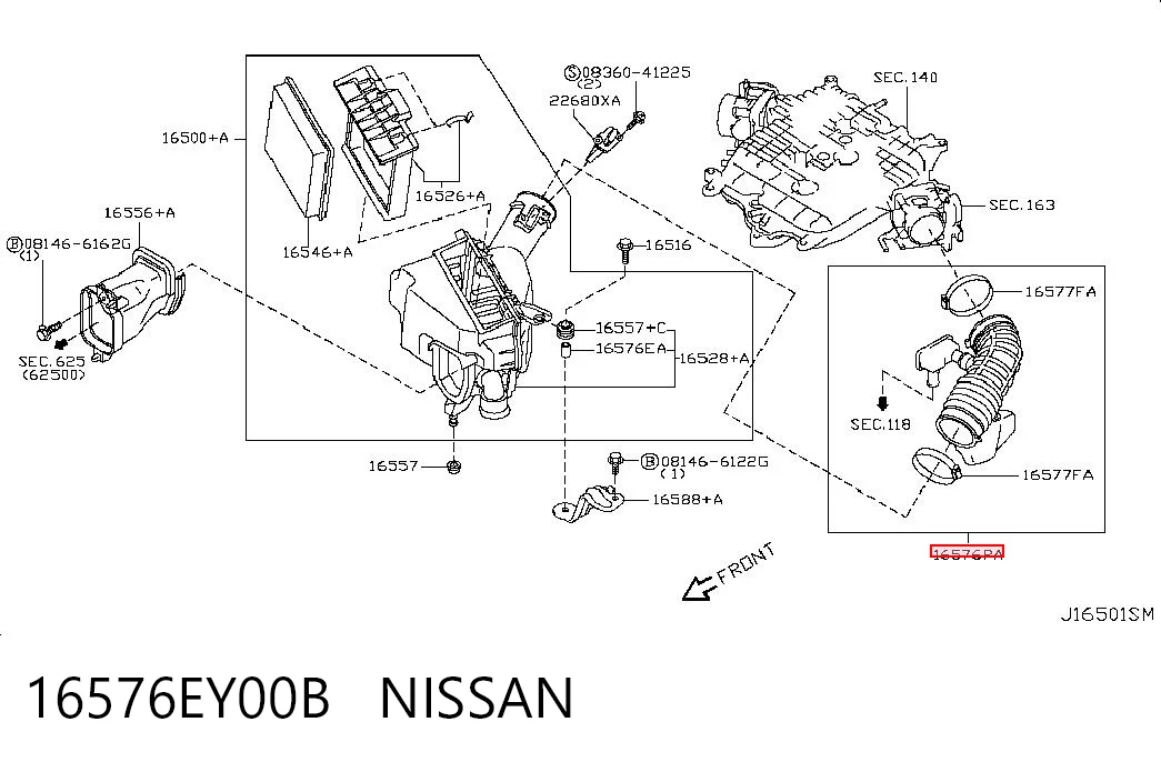 16576EY00B Nissan/Infiniti Патрубок воздушный, выход воздушного фильтра