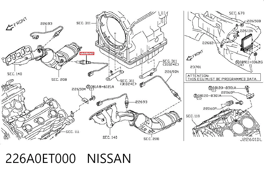 226A0ET000 Nissan/Infiniti Датчик кислорода после катализатора