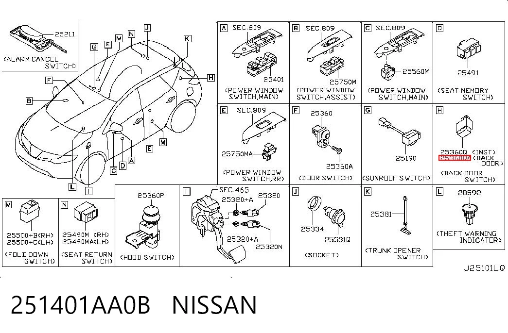 251401AA0B Nissan/Infiniti Кнопка салона привода замка 3/5 двери (ляды)/крышки багажника