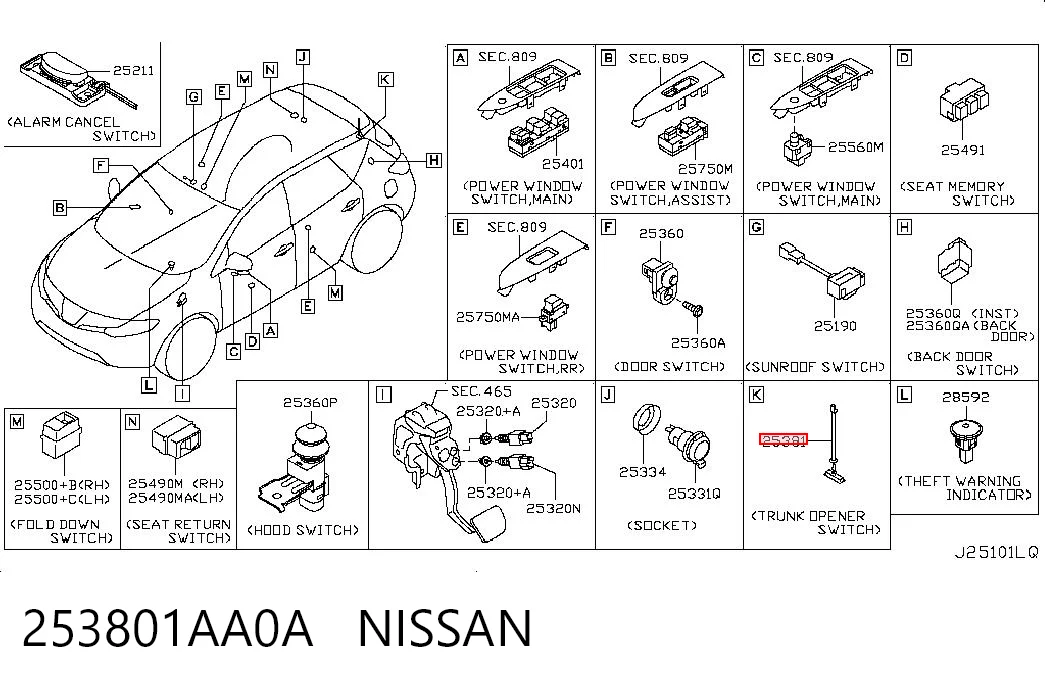 253801AA0A Nissan/Infiniti Кнопки переднего правого стекло подъёмника