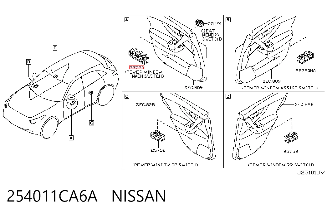 254011CA6A Nissan/Infiniti Кнопки переднего левого стекло подъёмника