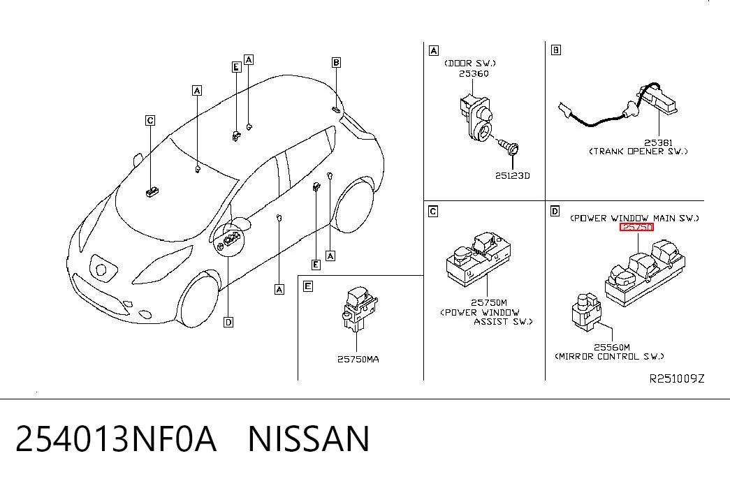 254013NF0A Nissan/Infiniti Кнопки переднего левого стекло подъёмника