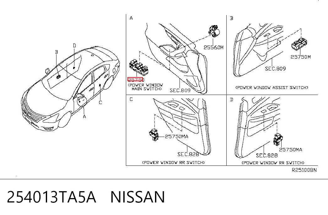 254013TA5A Nissan/Infiniti Кнопки переднего левого стекло подъёмника