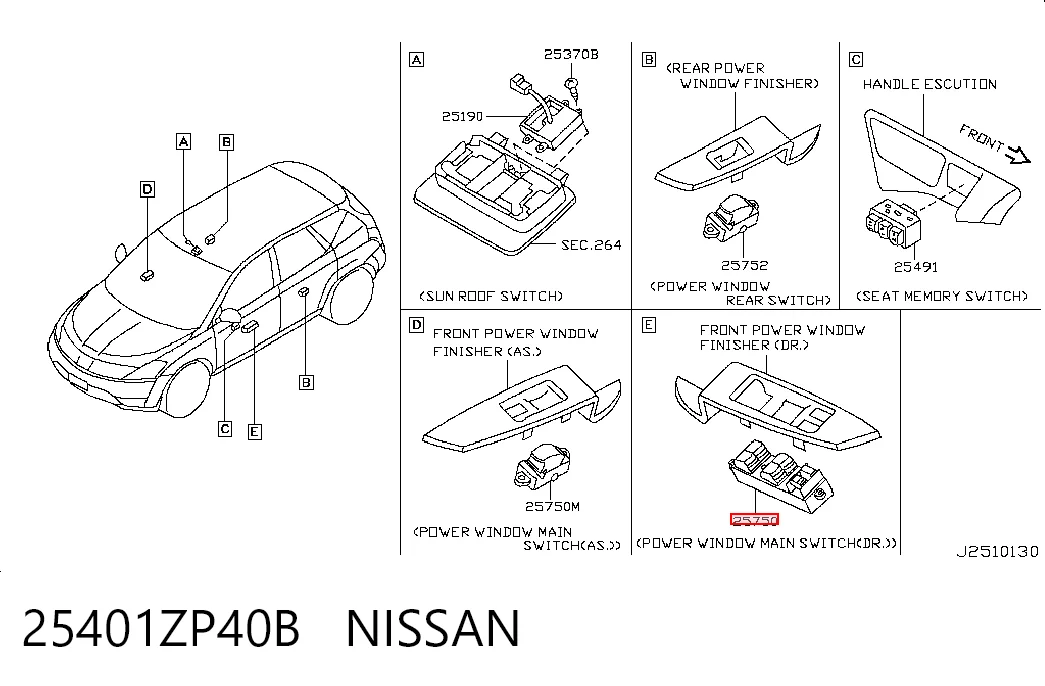 25401ZP40B Nissan/Infiniti Кнопки переднего левого стекло подъёмника