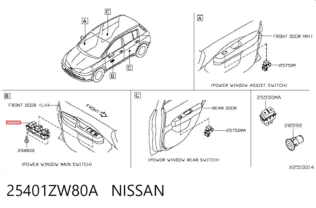 25401ZW80A Nissan/Infiniti Кнопки переднего левого стекло подъёмника