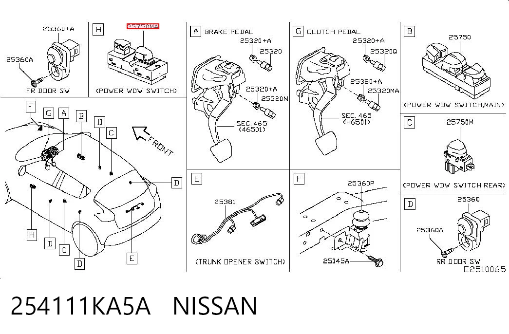 254111KA5A Nissan/Infiniti Кнопка подъемника переднего правого стекла