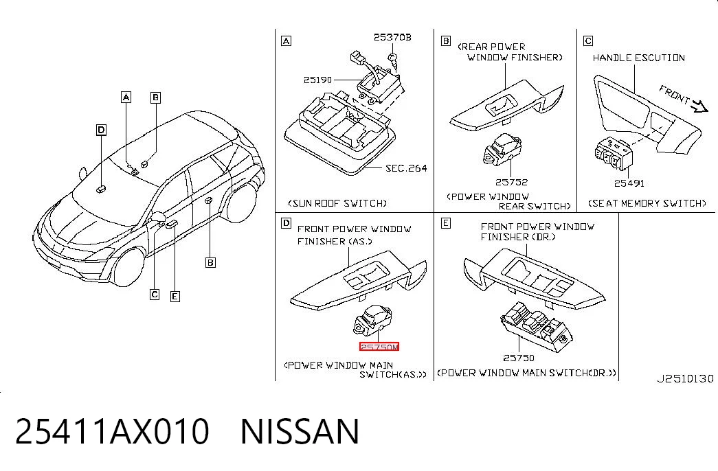 25411AX010 Nissan/Infiniti Кнопка подъемника переднего правого стекла