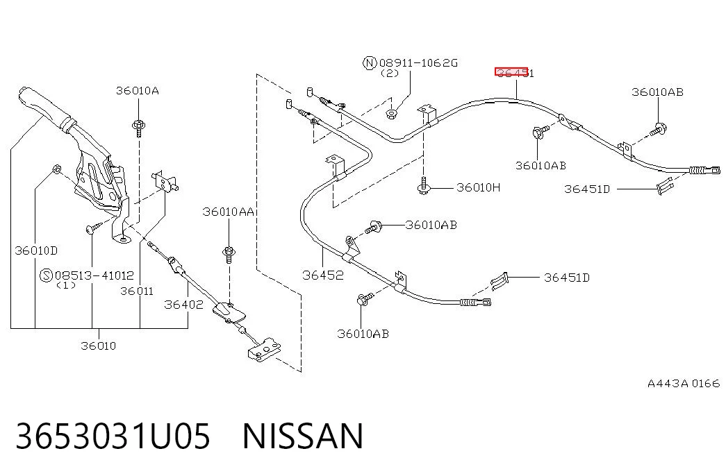 3653031U05 Nissan/Infiniti Трос ручного тормоза задний, правый