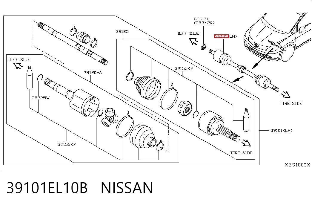Полуось передняя левая на Nissan Tiida  SC11X