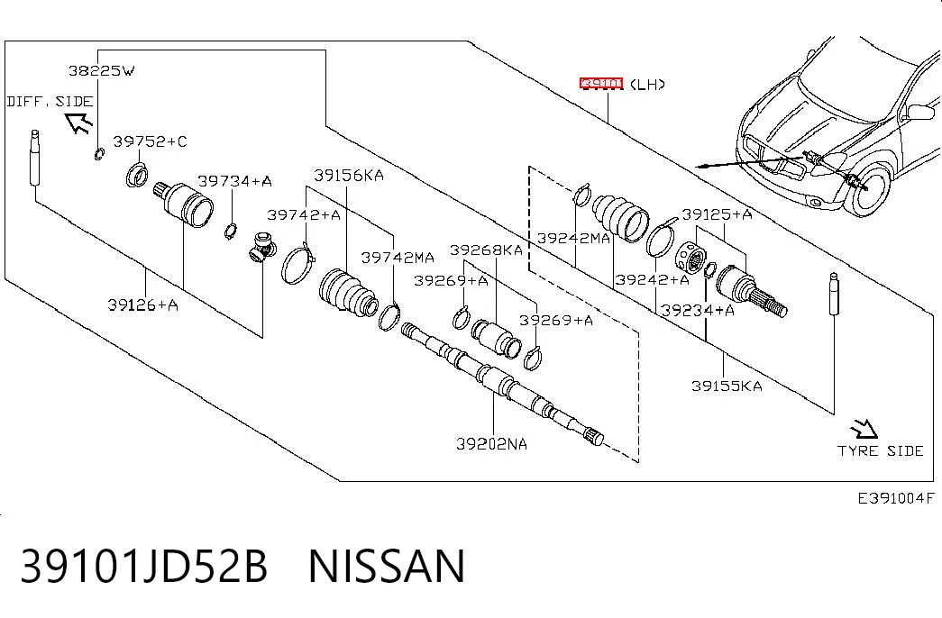 Полуось передняя левая на Nissan Qashqai +2 I J10