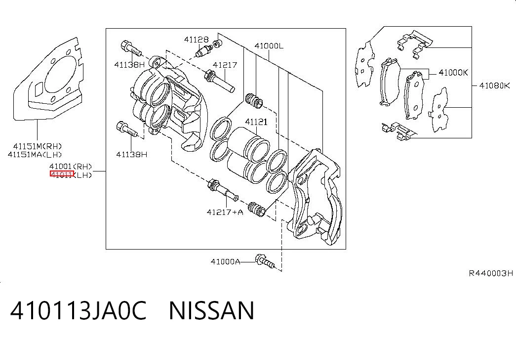 410113JA0C Nissan/Infiniti Суппорт тормозной, передний, левый
