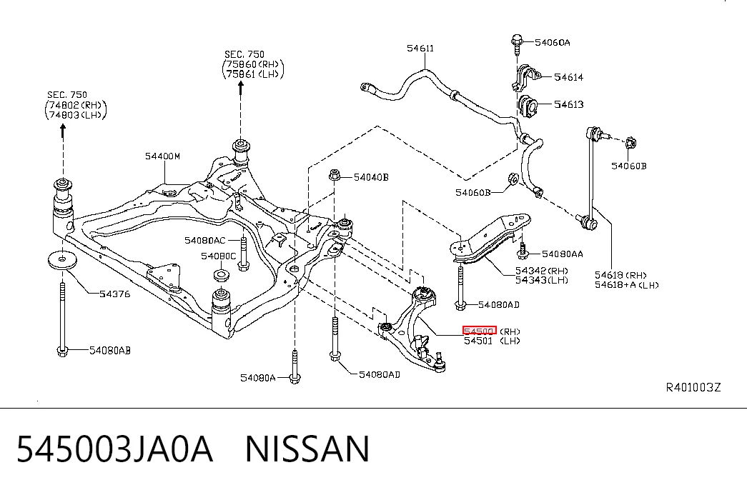545003JA0A Nissan/Infiniti Рычаг передней подвески нижний, правый
